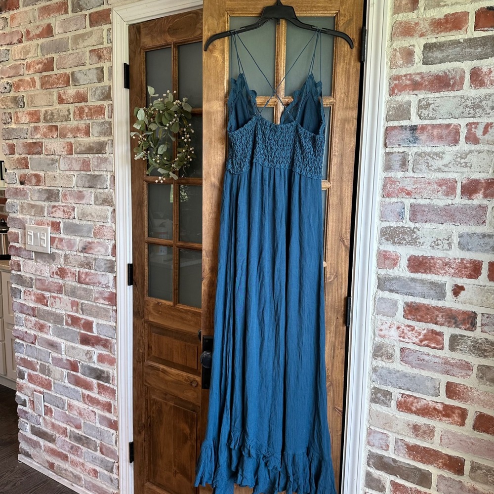 Free People FP One Maxi Dress Womens Medium Teal Blue Lace Boho Ruffle Hem - Picture 6 of 16